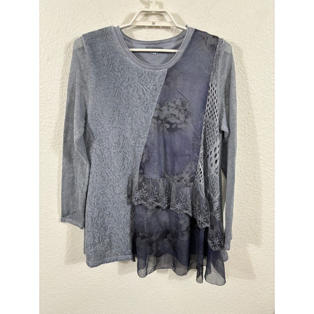 Simply Couture Knit Sweater Top Womens 1X Slate Blue ish Gray Floral Long Sleeve